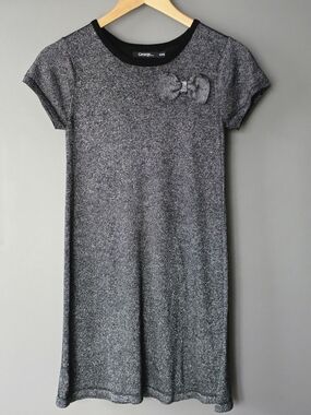 George Silver Metallic Knit Short Sleeve Dress with Bow Size XL 14-16